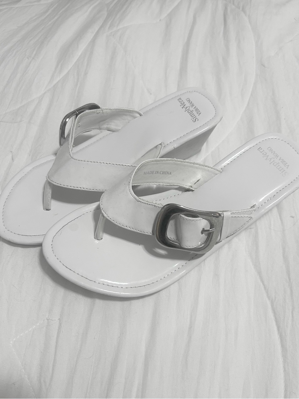 Simply Vera Vera Wang White Thong Mules with Silver Buckle